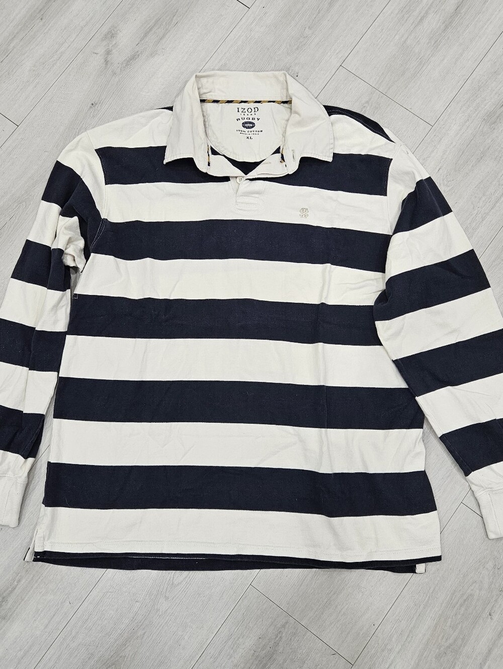 Vintage Izod Jeans Rugby Navy Blue Cream Striped Long Sleeve Thick Cotton Polo M